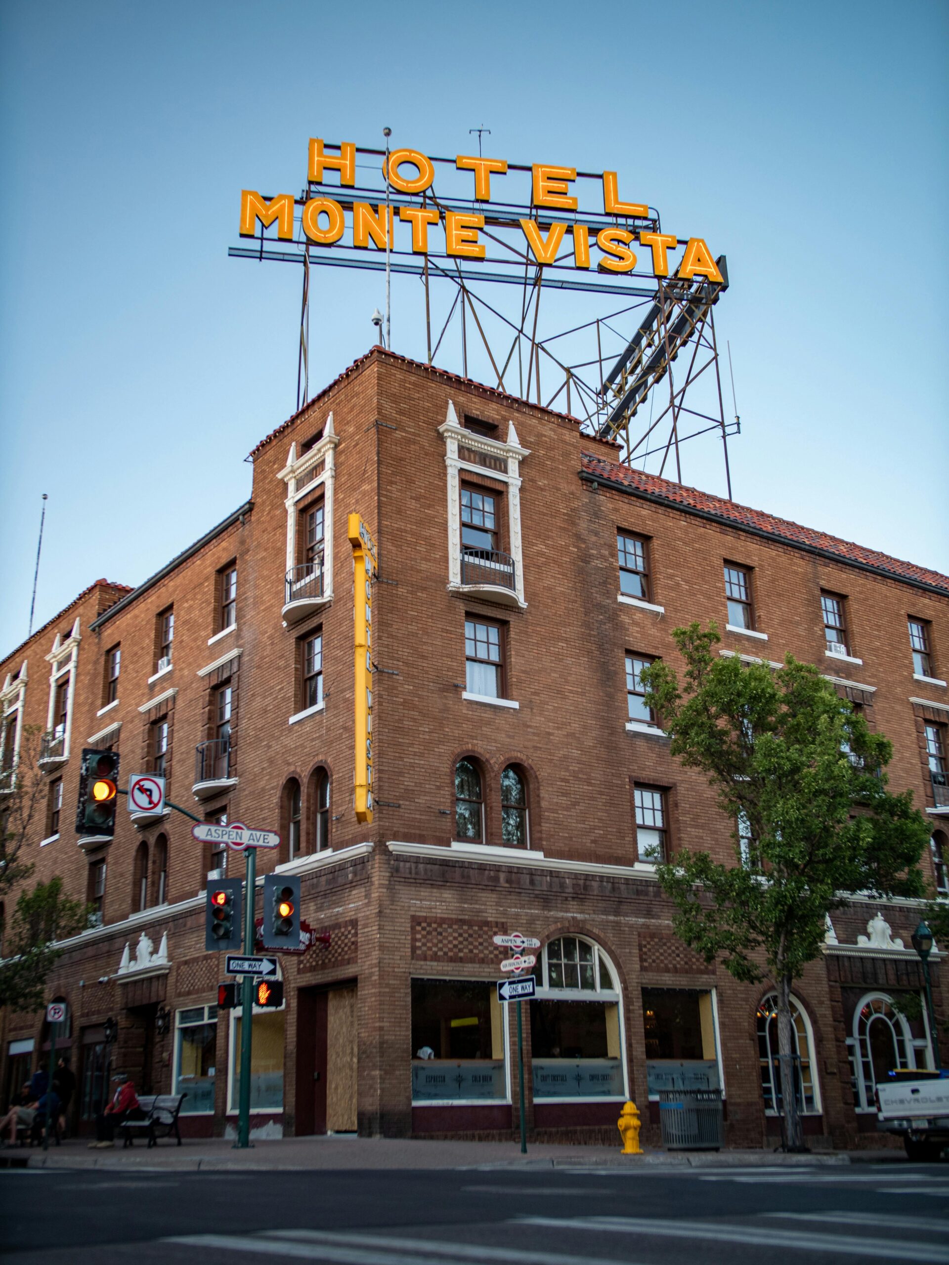 Iconic Hotel Monte Vista in Flagstaff, Arizona at a street corner.