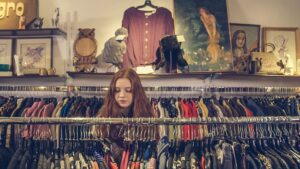 A woman explores racks of clothing in a cozy vintage shop with eclectic decor.