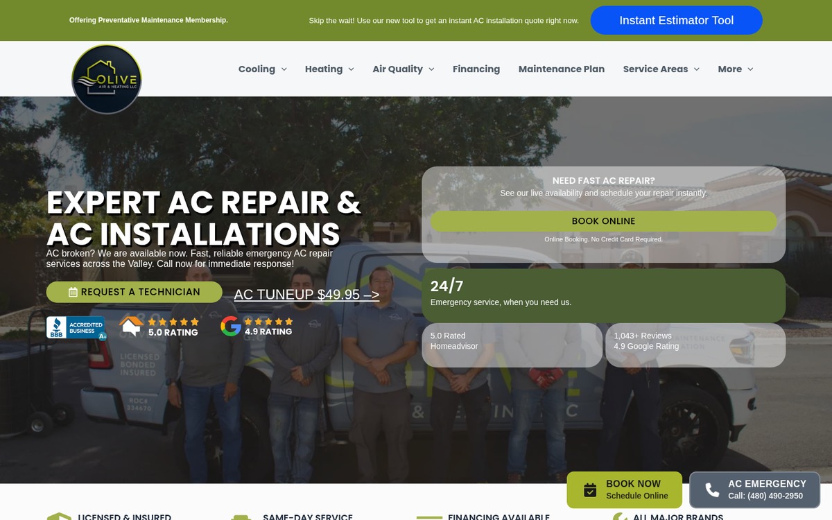 Olive Air and Heating homepage